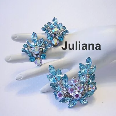 JULIANA BOOK PIECE Sizzling Sparkling AQUAMARINE Rhinestones BOLD PIN & Earrings • $118