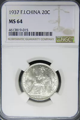 French Indochina 1937 20 Cents Silver Coin. NGC MS 64 • $150