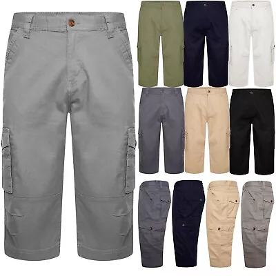 Mens Cargo Shorts 3/4 Combat Chino Utility Pants 100% Cotton Work Long Length • £12.98