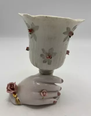 Hand Holding Vase Goblet Pink Flowers Gold Speckled Tone Dainty Lady 5 1/8  • $12.95