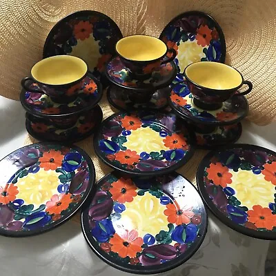 Mrazek Peasant Art Industries Czech Pottery Hand Painted 6 Cup & Saucer 6 Dishes • $115