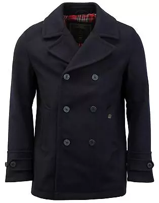 Mens Merc London Trench Pea Coat Wool Mix Jacket Doyle - Dark Navy Blue • £199.95