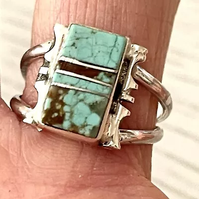 Navajo #8 Mine Turquoise Ring Sz 7.75 Sterling Signed Steve Francisco Rect S • $54.94