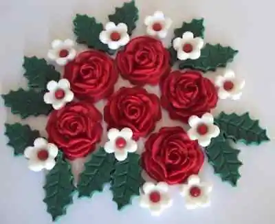 EDIBLE CHRISTMAS FLOWERS Sugar Paste Cake Cupcake Toppers Decorations Holly Ivy • £5.25