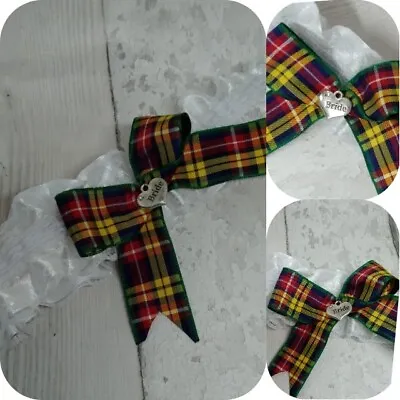 White Garter Scottish Ribbon Green Yellow Blue Tartan  Wedding Charm   • £7.95