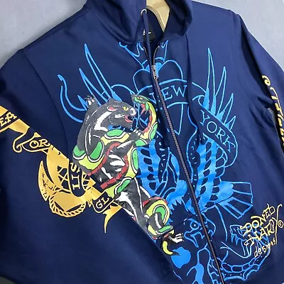 Ed Hardy Zippered Hoodie Mens L Navy Blue Panther Bulldog USMC Tattoos Pockets • $63.58