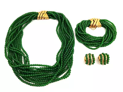 Vintage Ciner Multi Strand Faux Jade Glass Beaded Necklace Bracelet Earrings Set • $1050