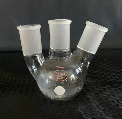 Wilmad Lab Glass 300mL 3-Neck Round Bottom Flask 2 Vertical 1 Angled 29/42 Joint • $19.49