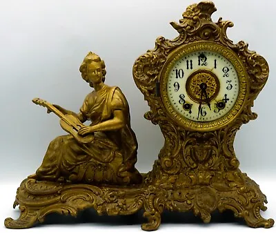 Antique Gilt Figural Metal Gilbert Shelf Mantle Clock Lady Guitar 4-28-96 Works • $649.14