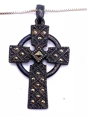 Vintage Sterling Silver Marcasite Celtic Cross Pendant On Chain • $25