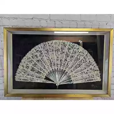 Vintage Large Mother Of Pearl And Floral Lace Hand Fan In Shadow Box • $249.99