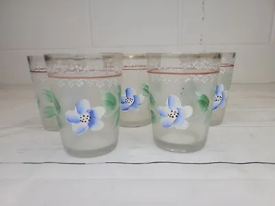 Vintage Handpainted Floral Frosted Glass Tumnler Glasses Set Of 5  • $18