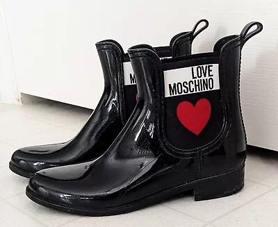 Love Moschino Logo Hearts Black Ankle Chelsea Rainboots US 7 EU 38 With Box! • $72.43