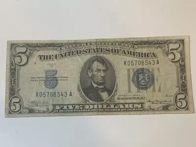 1934 A Five Dollar Silver Certificate $5 Bill Blue Seal Note FREE SHIPPING!!!! • $5