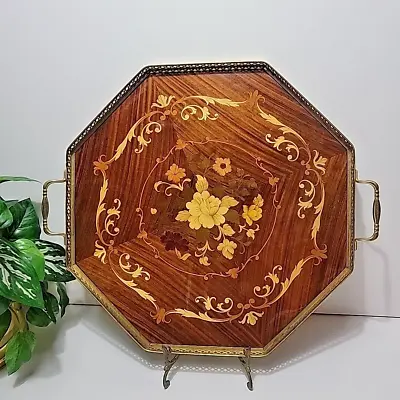 Vintage Italian Marquetry Wood Floral Inlay Brass Handle Tray 16 Inch Octagon  • $60