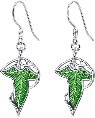 Lord Of The Rings Jewelry 925 Sterling Silver Elven Green Leaf Drop Earrings Lor • $106.95