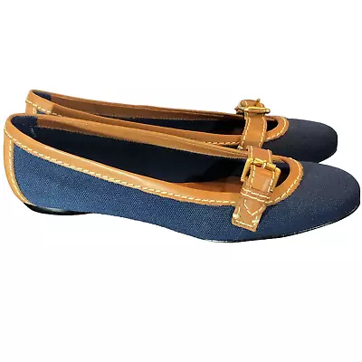 Talbots Ballet Flats Womens Size 6.5AA  2A Narrow Navy Canvas Leather Buckle • $39.99