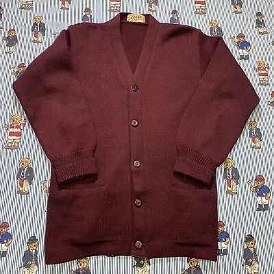 VTG Logan Knitting Mills Maroon Cardigan 100% Pure Wool USA Adult Long Sleeve • $50