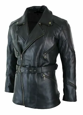 Mens Black 3/4 Motorcycle Biker Long Cow-Hide Leather Jacket/Coat • $99.99