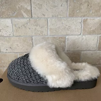 Ugg Cozy Knit Charcoal Grey Fur Cuff / Lined Slip On Slipper Shoe Size 6 Women • $101.99