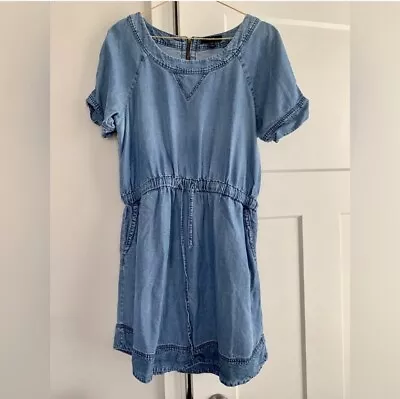 J Crew Chambray Elastic Tie Waist Denim Dress Womens Size M Short Sleeve Pockets • $18.50