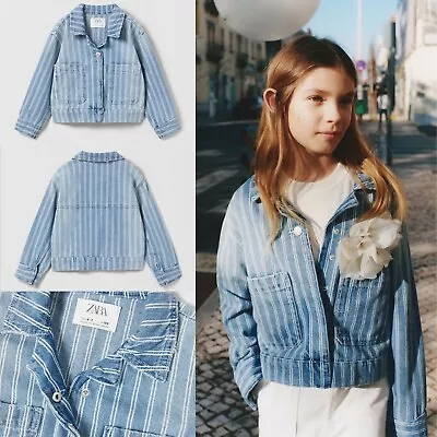 Zara Girls Denim Jean Collared Pin Stripe Jacket Coat Pointelle Boho 6-7 • $29.99