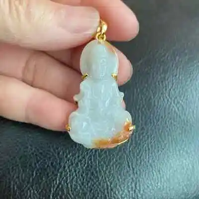 14K Solid Gold Guan Quan Kwan Yin Carved Buddha Natural Jadeite Jade Pendant • $398