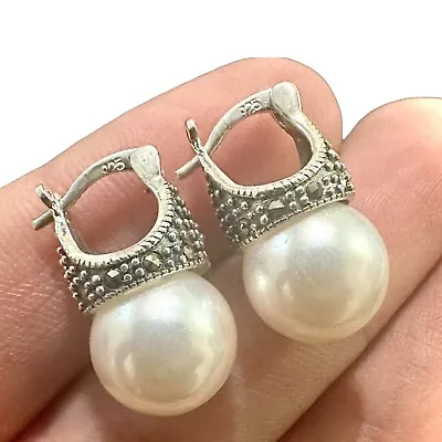 925 Sterling Silver White Pearl Stud Earrings For Women Marcasite Free Shipping • $19.98