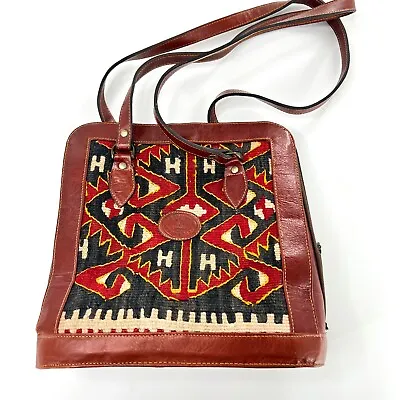 Leather Vintage Fabric Pattern Crossbody Genuine Moroccan Printed Handbag • $126