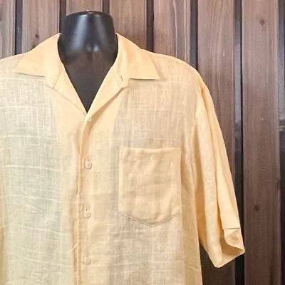 Caribbean Yellow 100% Linen Pocket Camp Shirt Size XL Retro Rockabilly Cuban • $10.79