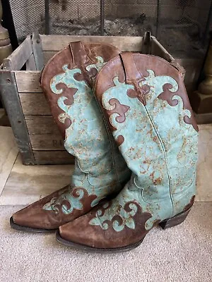 LANE  Dawson  Women's Cowboy Boots Distressed Brown And Aqua 8 M • $129.99