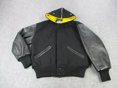 VINTAGE DeLong Jacket Men Small Black Yellow Wool Leather Letterman Varsity Coat • $79.95