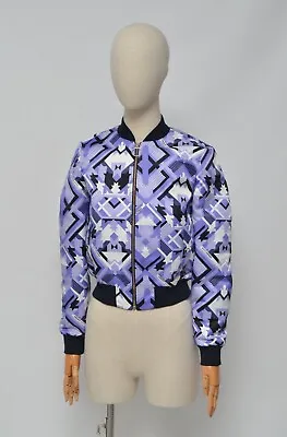 VERSACE Luxury Wmns Purple Geometric Pattern Bomber Jacket Size 40 Made In Italy • $140