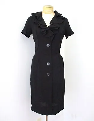  Vtg 50s Mr Mort Black Rayon Crepe Wiggle Dress Ruffles Button Front XS/S • $28