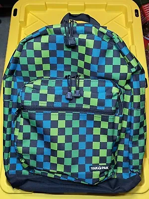 Yak Pak Kids Backpack Blue Green Checkered Back To School Pixelated Durable • $14.49