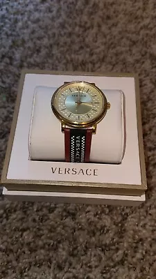 Versace Mens V-Circle Gold VE5A02021 42mm Leather Strap Watch Greca Edition Gold • $79.99