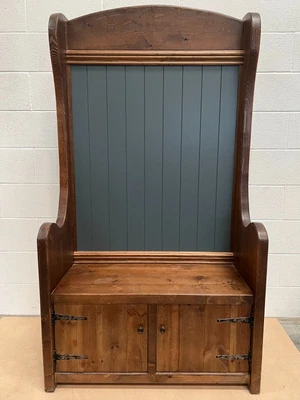 £295 • Buy Handmade Grey Tall High Back Hall Seat With Stained Wood Seat & Storage Cupboard