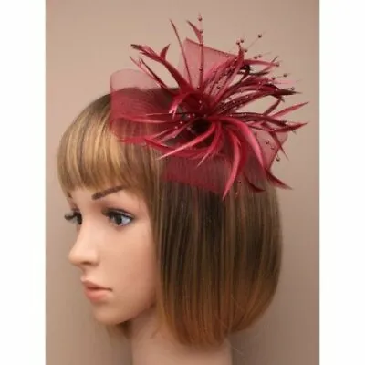 £10.45 • Buy Burgundy Fascinator With Sinamay Net Loops And Feather Tendrils (beak Clip An...