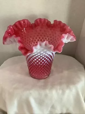 Fenton Hobnail Cranberry Opalescent Crimped Glass Vase 8x10 Vintage • $34