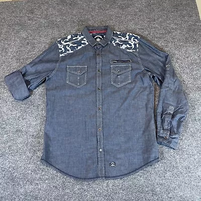 Drill Clothing Company Shirt Mens Large Blue Camo Chambray Slim Button Down L • $10.49