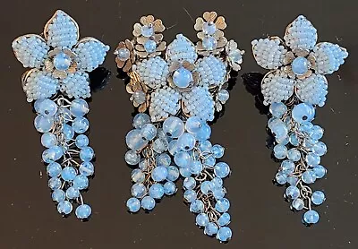 Vintage Sig M Haskell Opalescent Blue Glass Grapes Dangles Brooch & Earrings Set • $92