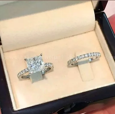 Moissanite Bridal Set Engagement Ring Solid 14K White Gold 3 Carat Princess Cut • $209.15