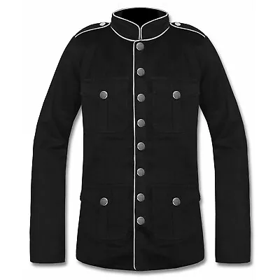 MENS BLACK MILITARY JACKET STEAMPUNK ARMY OFFICER PEA COAT - White Trim • $44.99