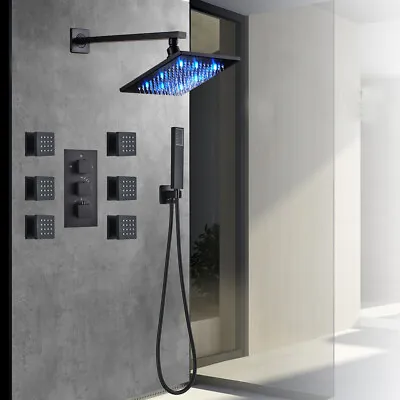 Shower Faucet Set LED Rain Head Combo Thermostatic Mixer Valve With Massage Jets • $169