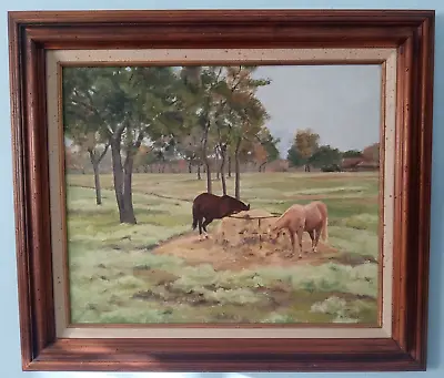 M. Martinez-mid-century Horses Feeding Landscape Oil/canvas Painting Framed • $100