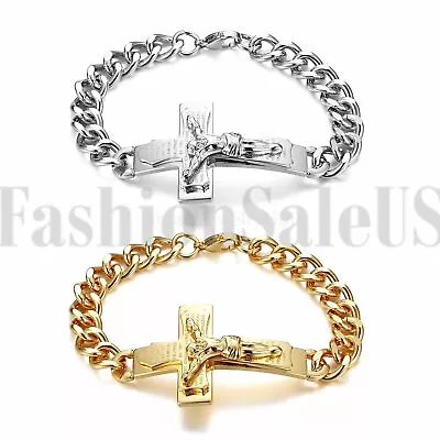 Stainless Steel Cross Jesus Crucifix Bible Verse Curb Chain Bracelet Mens Bangle • $17.59