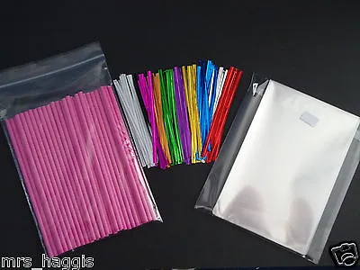 50 X 6  Cake Pop Kit Pink Lollipop Sticks 4 X6  Cello Bags & Metallic Twist Ties • £5.25