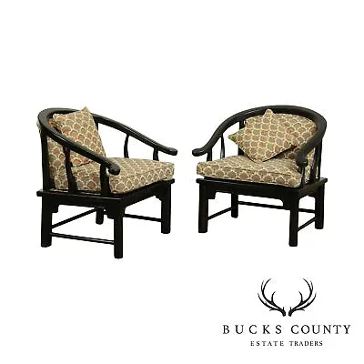 Mid Century Vintage Black Lacquered Asian Inspired Curved Back Armchairs • $995