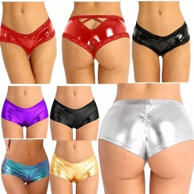 UK Women Wet Look Patent Leather Booty Shorts Open Crotch Bikini Briefs Lingerie • £7.72