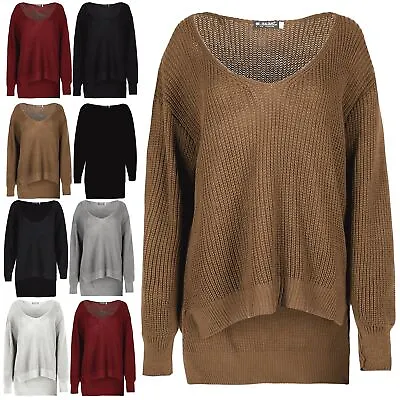 £8.99 • Buy Womens High Low Dipped V Neck Oversized Chunky Knitted Pullover Baggy Jumper